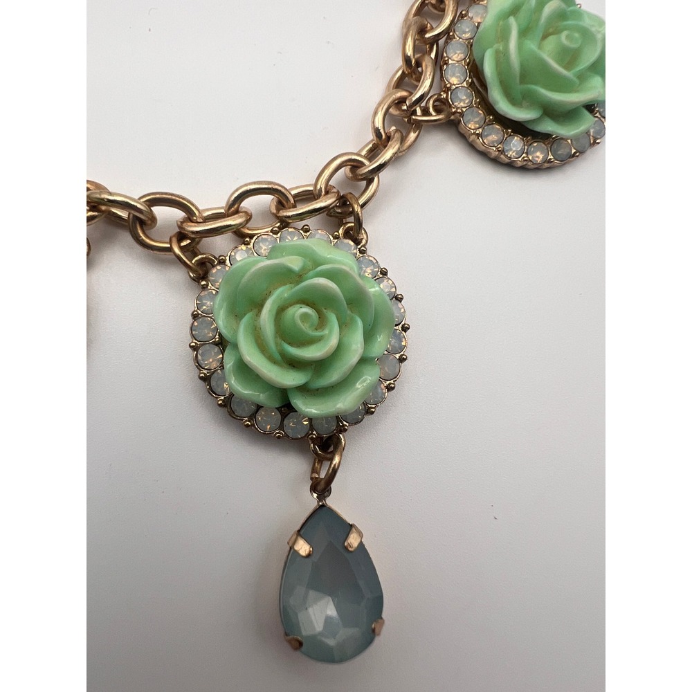 Mint Green Rose Rhinestone Statement Necklace Gold Tone Blue Teardrop Charms - Picture 3 of 9